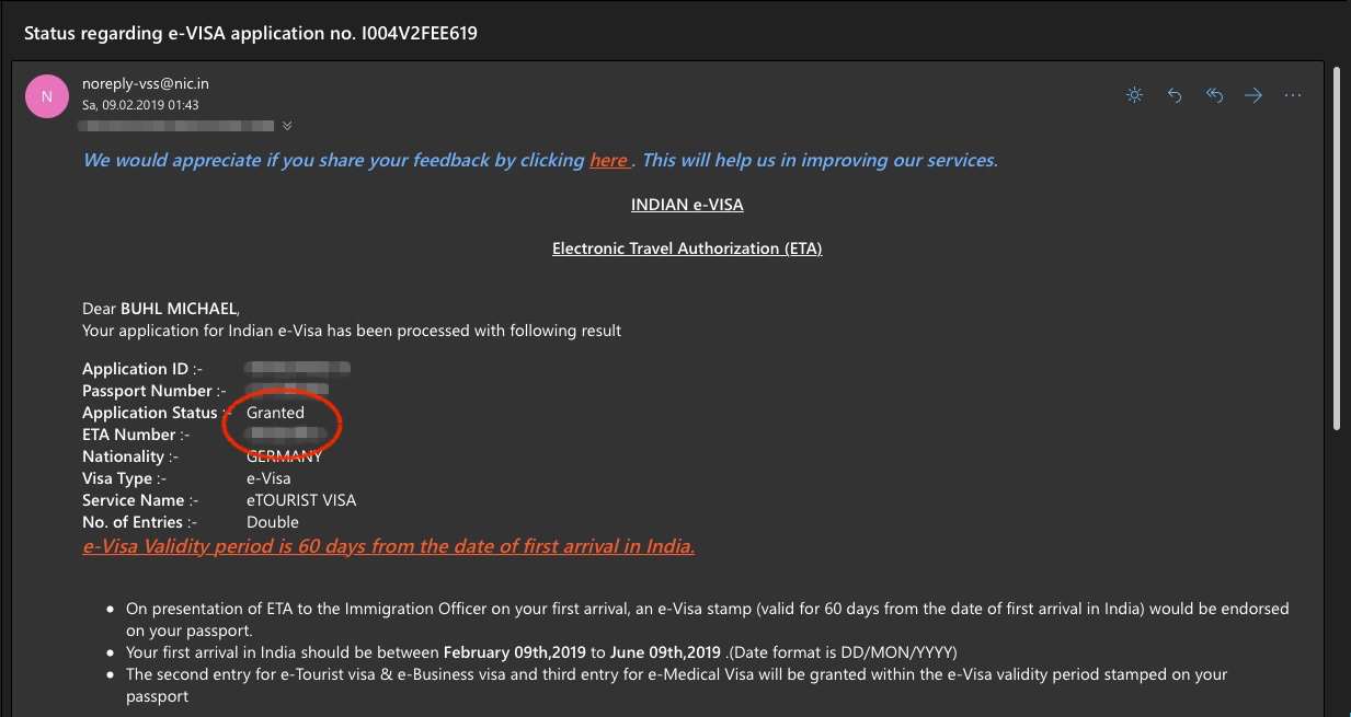 E-Mail zur Bestätigung des Indien Visums