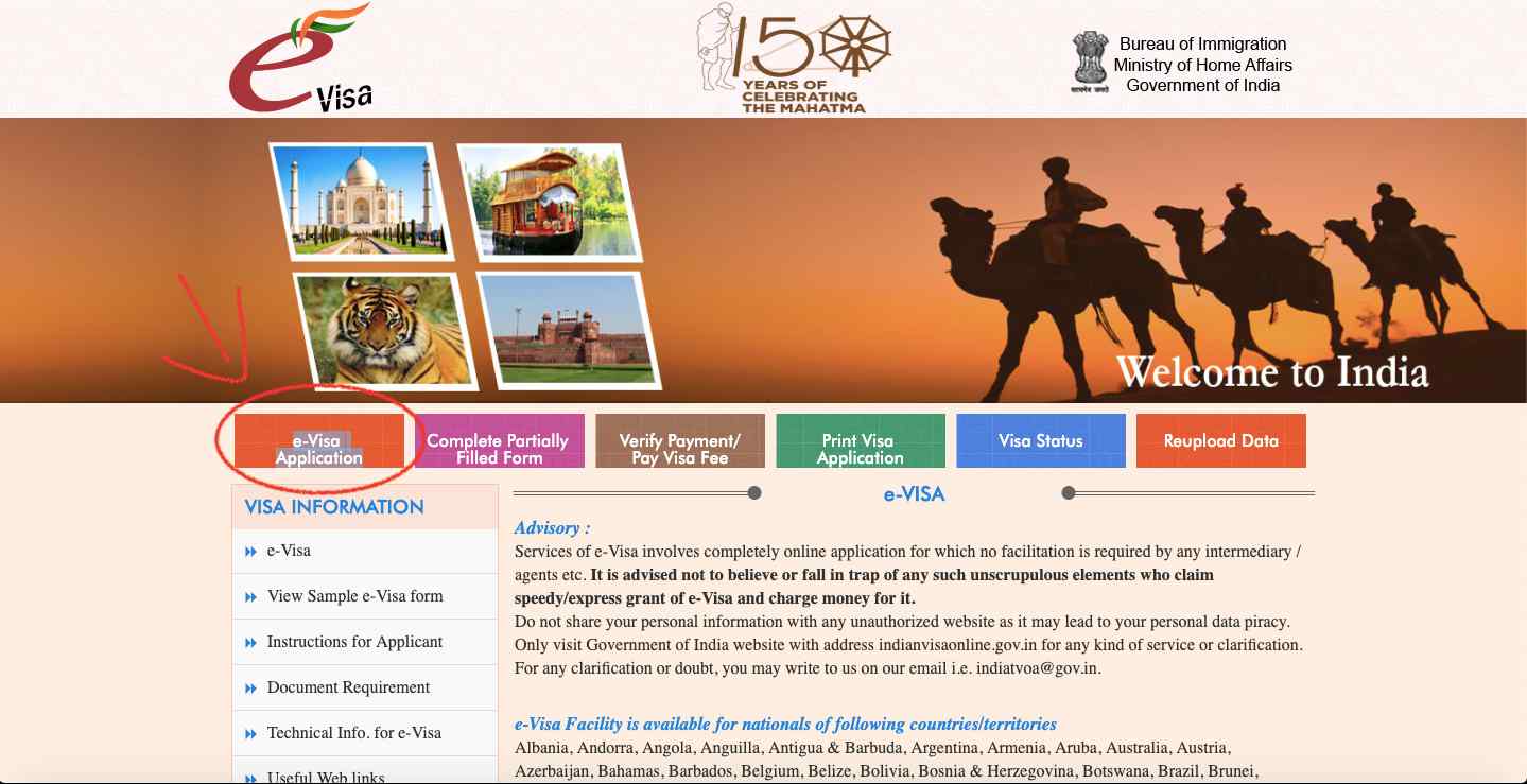 Internet-Seite für Indien Visum
